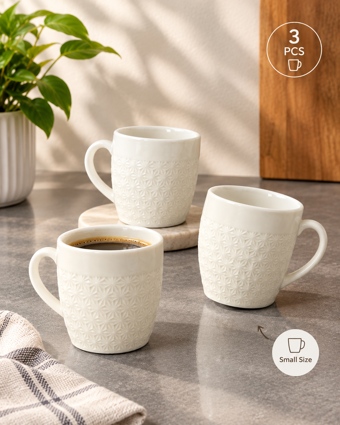 3PCS Small Size White Mugs Flower Pattern