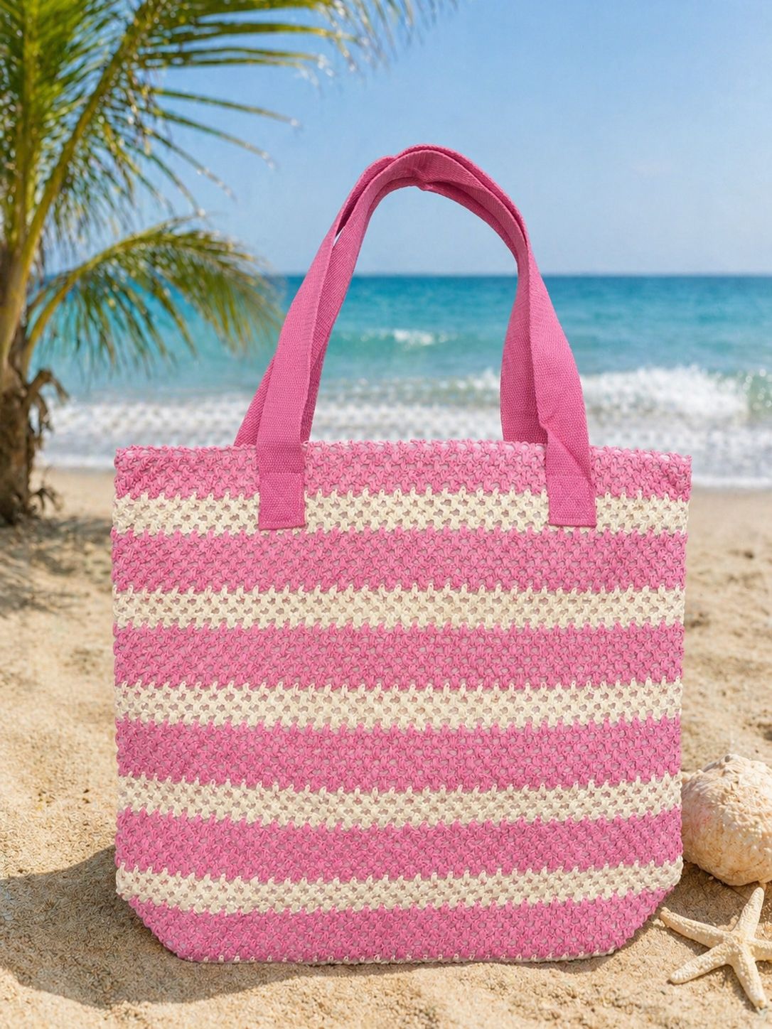 Striped straw beach tote bag Pink