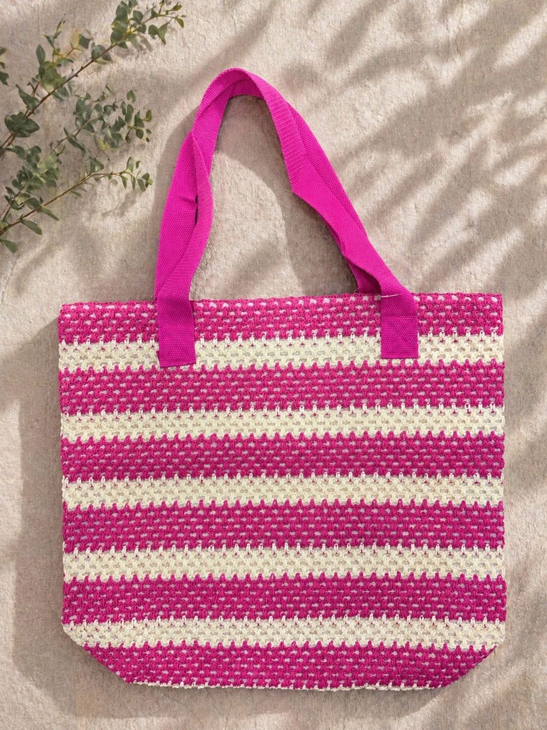 Striped straw beach tote bag Fushia