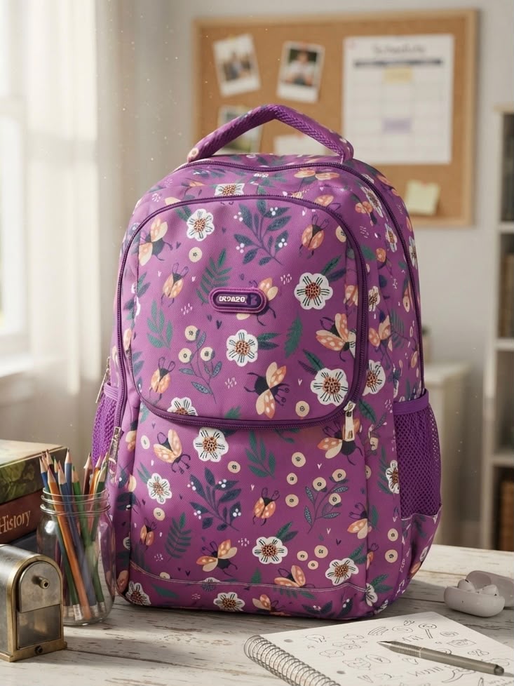 School Backpack Flowers Pattern Purple