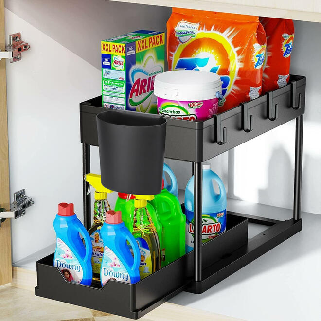 2-Tier Under Pull Out Sink Organizer with Hooks & Cups
