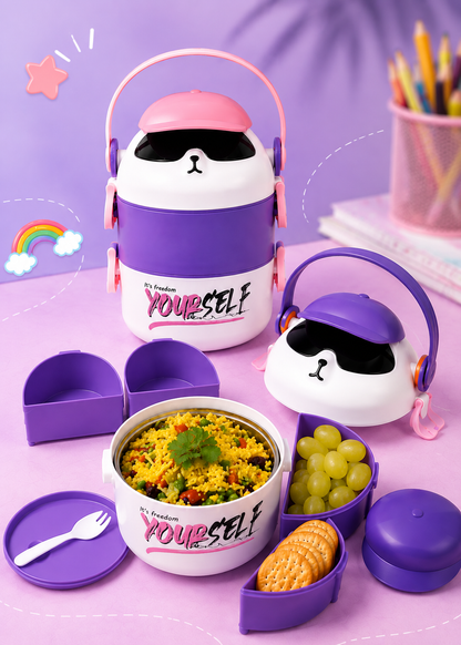 Cartoon Double Layer Lunch Box with Handle for Kids