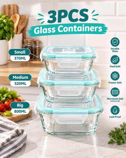 3PCS Square Glass Containers