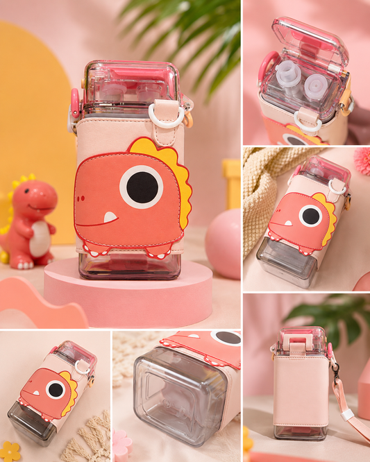 Dino Double Drinking Water Bottle with straw and open cap