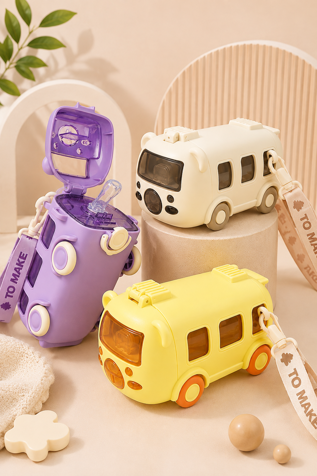 Bus Shaped Water Bottle with Moving Wheels