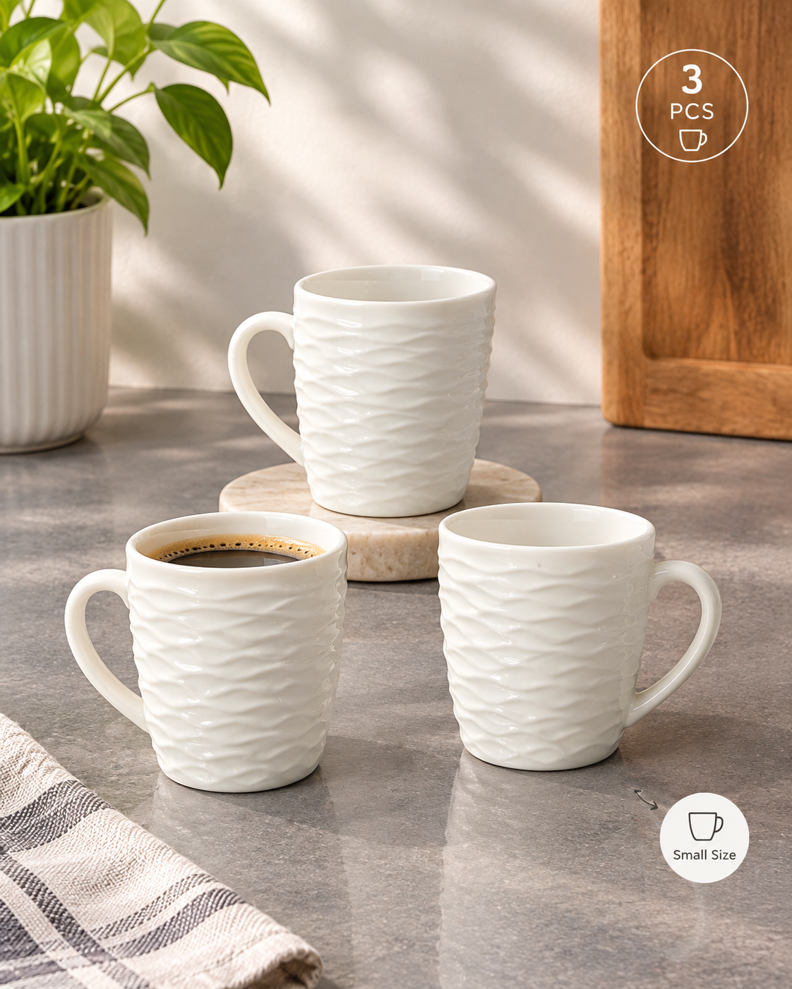 3PCS Small Size White Mugs Waves Shape