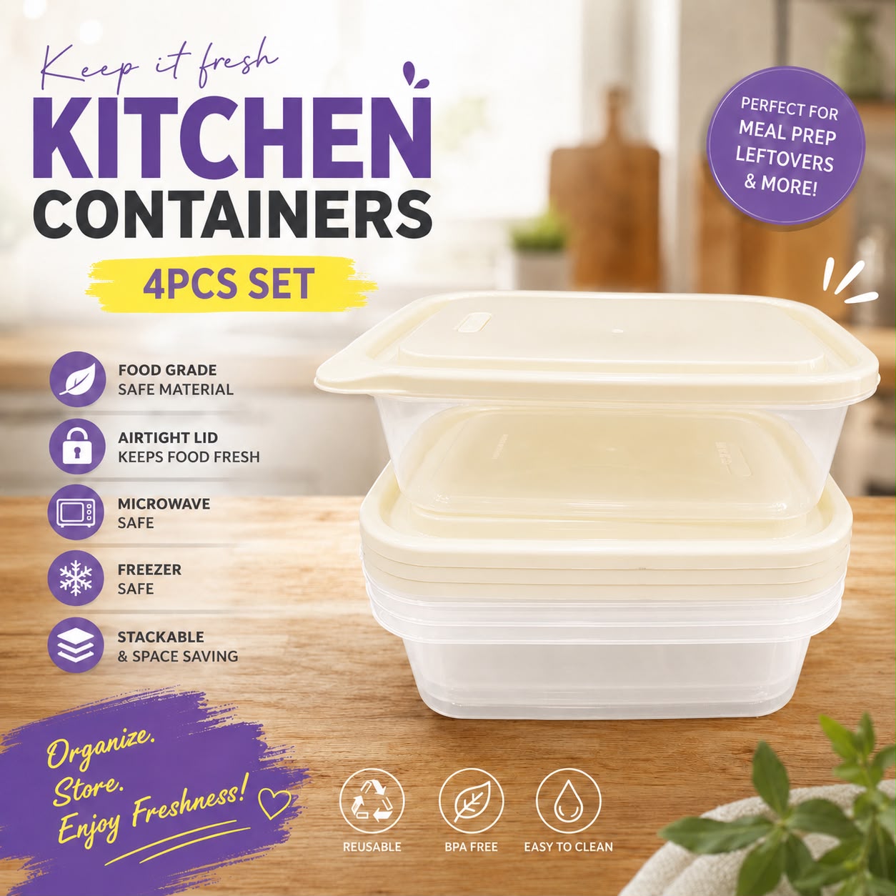 4PCS Rectangle Plastic Containers