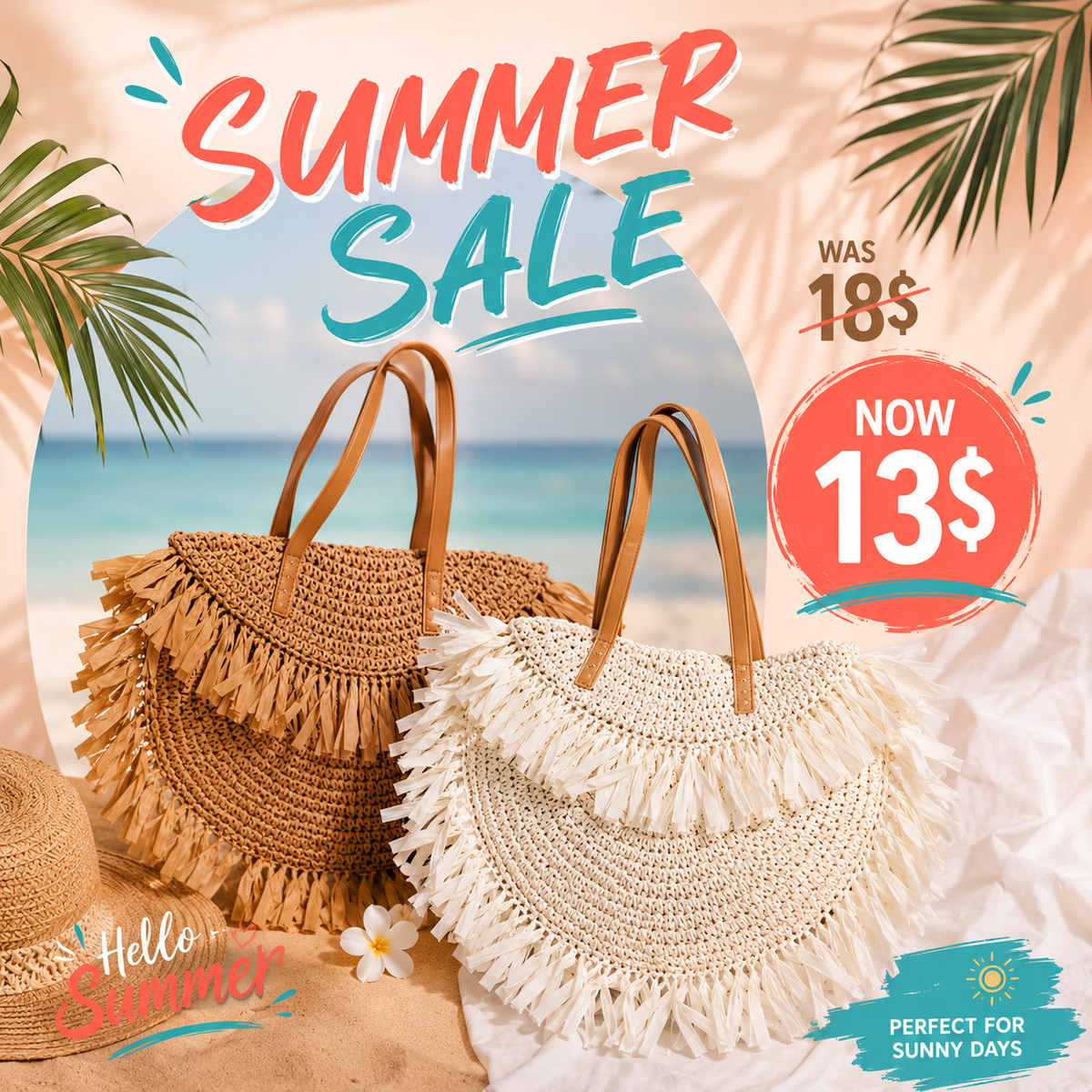 Straw beach bag round