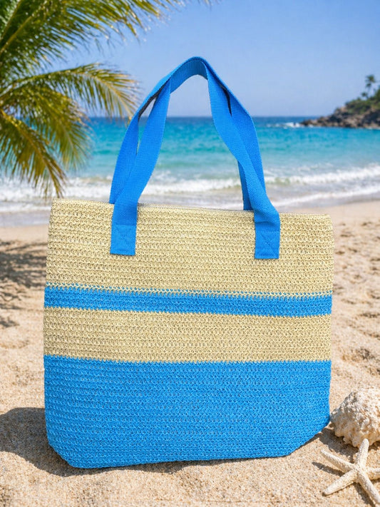 Striped straw beach tote bag Blue