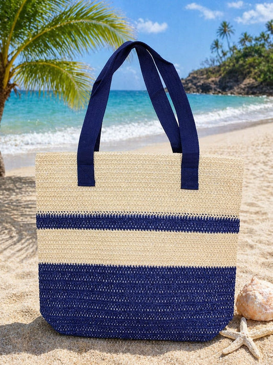 Striped straw beach tote bag - Navy Blue