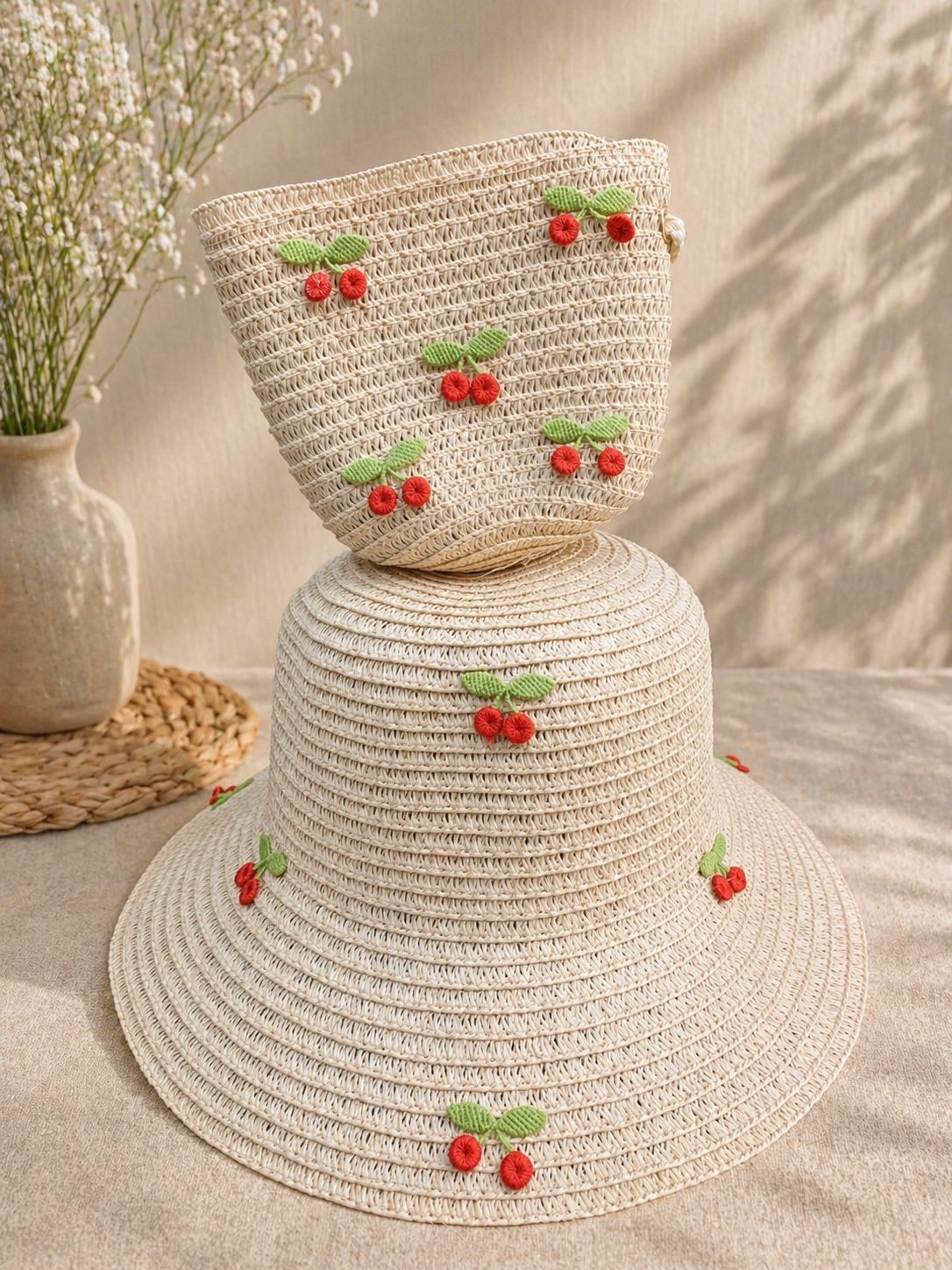 Teenagers Straw hat and a matching handbag set decorated with embroidered cherries