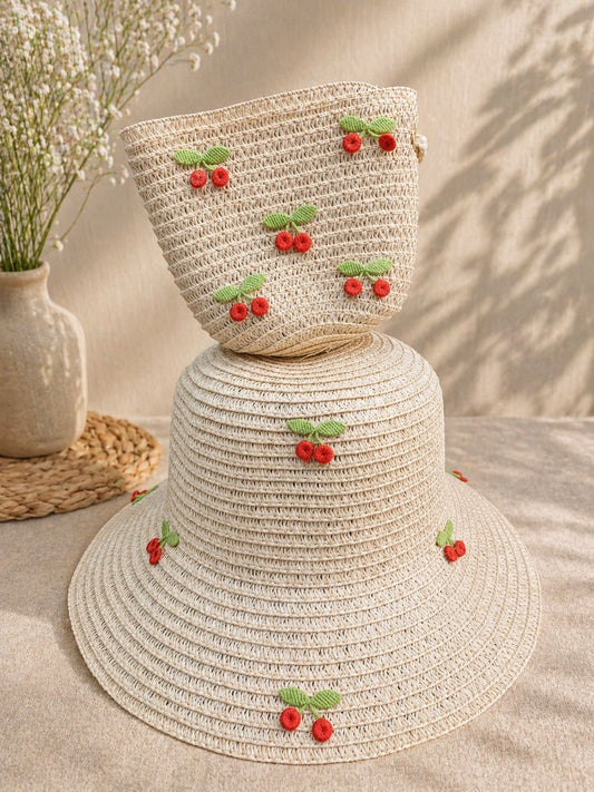 Teenagers Straw hat and a matching handbag set decorated with embroidered cherries