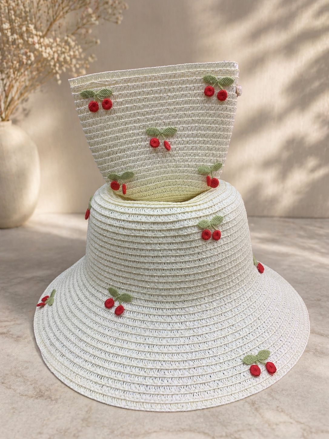 Teenagers Straw hat and a matching handbag set decorated with embroidered cherries
