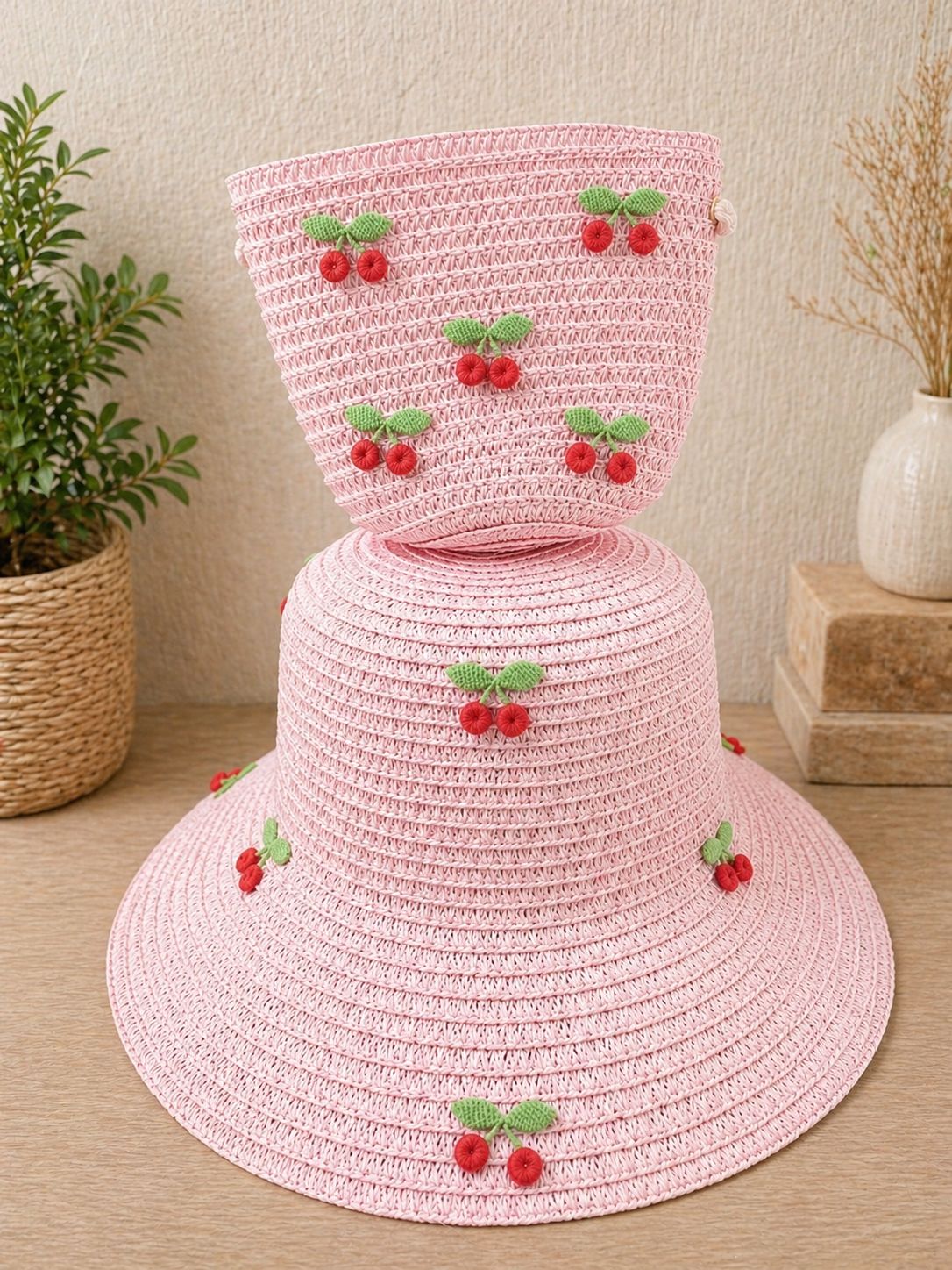 Teenagers Straw hat and a matching handbag set decorated with embroidered cherries