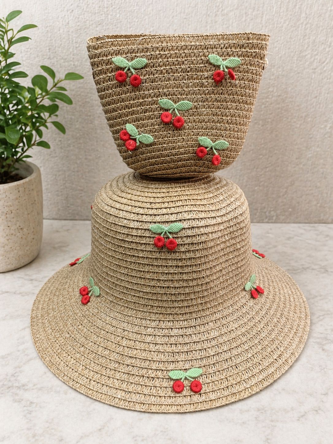 Teenagers Straw hat and a matching handbag set decorated with embroidered cherries