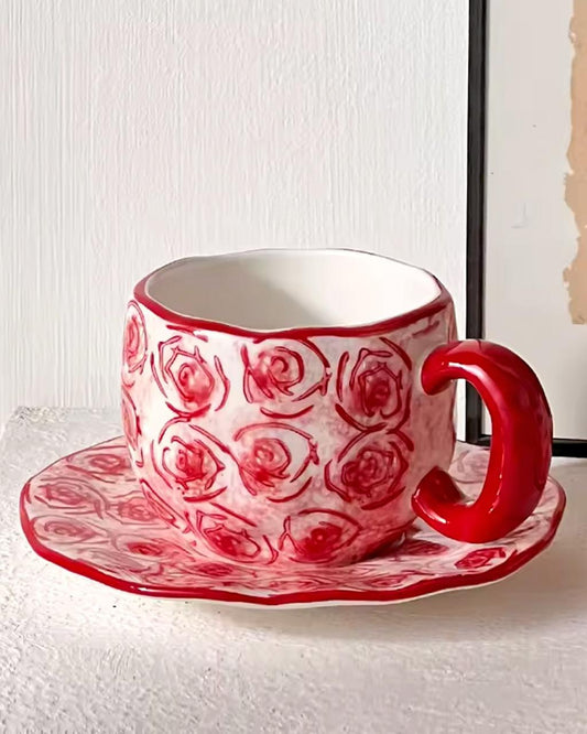 Retro Red Roses Ceramic Mug with Saucer
