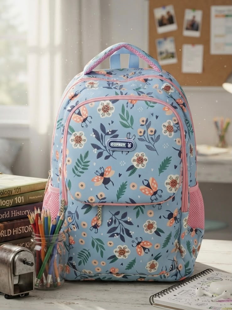 School Backpack Flowers Pattern Blue