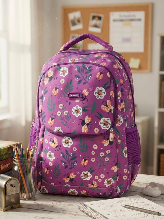 School Backpack Flowers Pattern Purple
