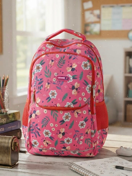 School Backpack Flowers Pattern Pink
