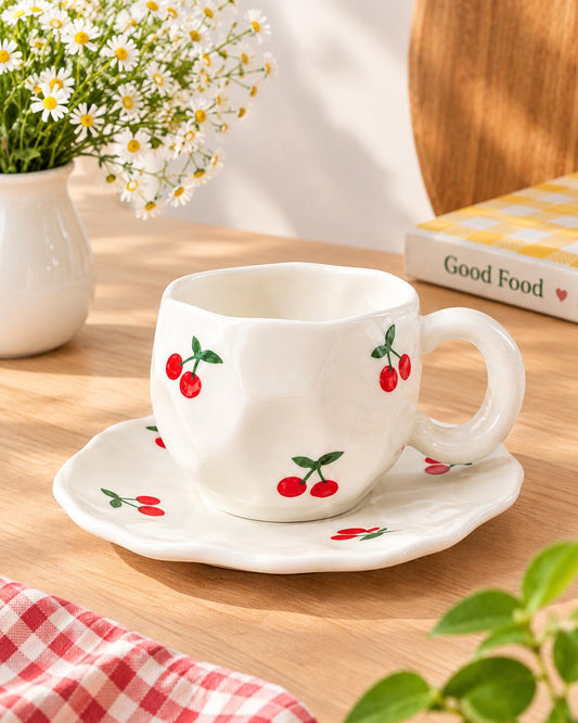 Porcelain Mug With Plate - Rocky Style Cherry
