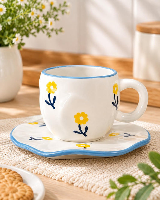 Porcelain Mug With Plate - Yellow Flower