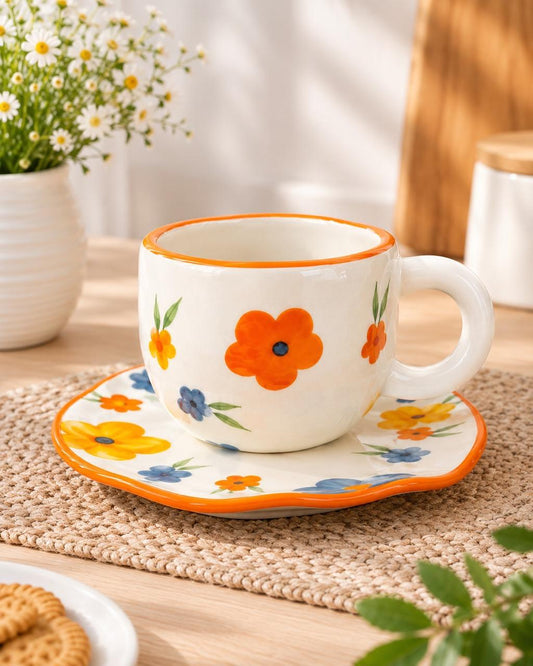 Porcelain Mug With Plate - Orange Flower