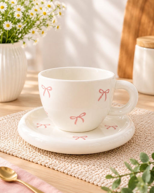 Porcelain Mug With Plate - Pink Bowtie