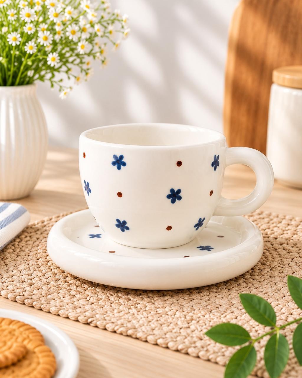Porcelain Mug With Plate - Navy Flower