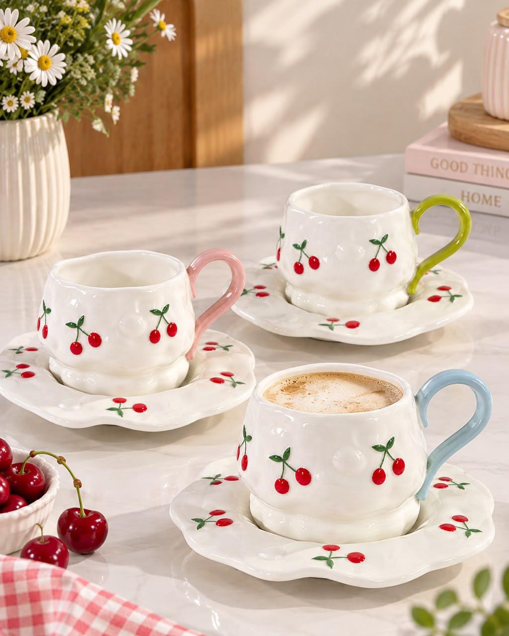 Porcelain Mug With Plate - Cherry With Colored Handle