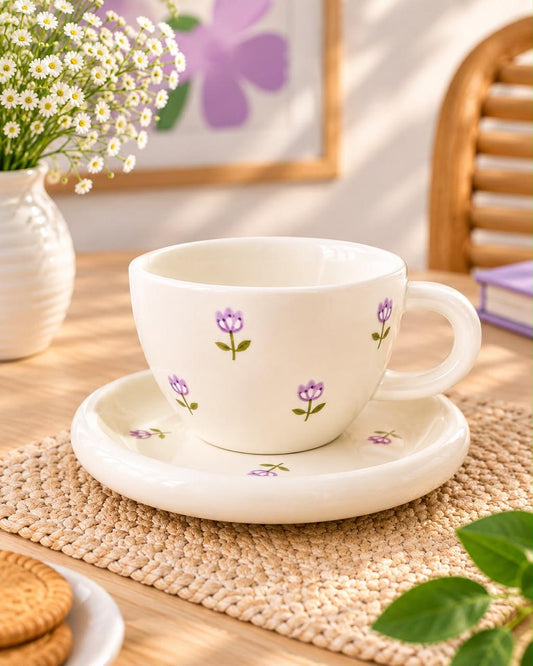 Porcelain Mug With Plate - Purple Flower