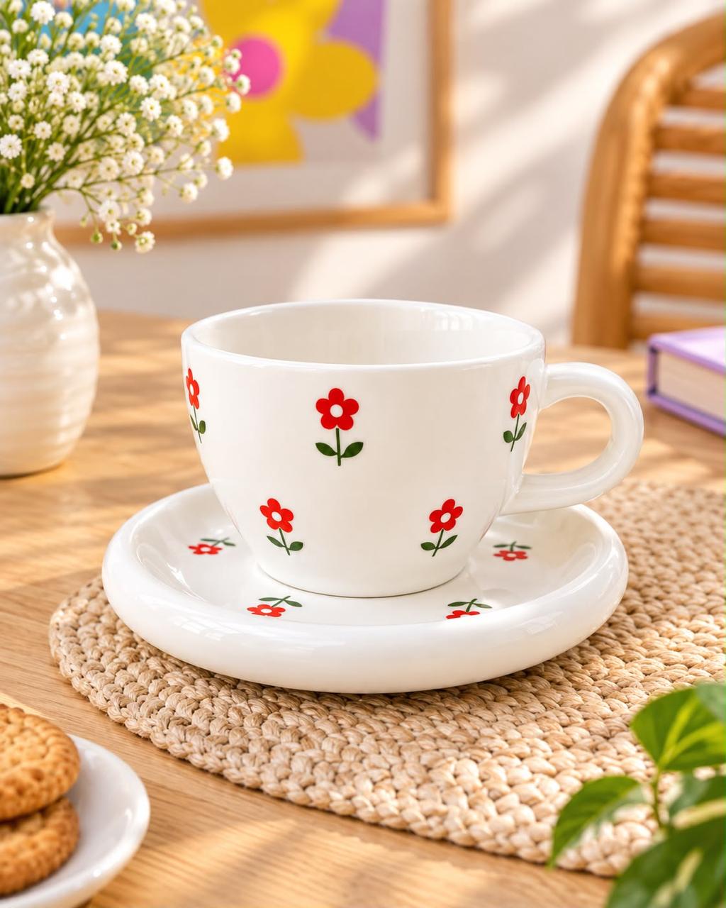 Porcelain Mug With Plate - Red Flower