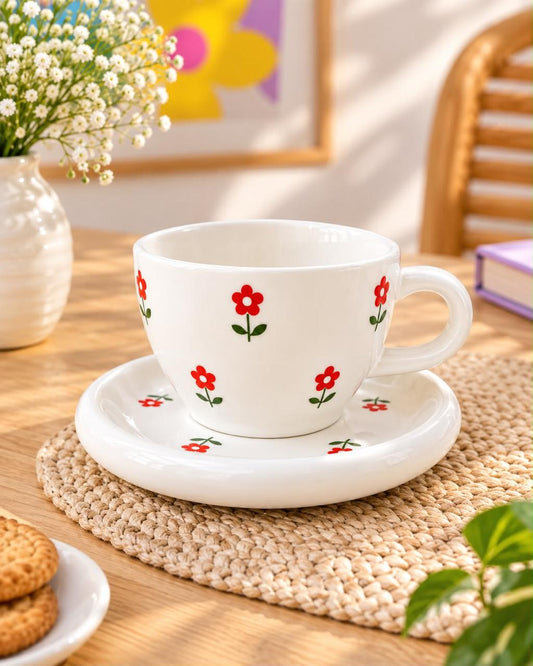 Porcelain Mug With Plate - Red Flower