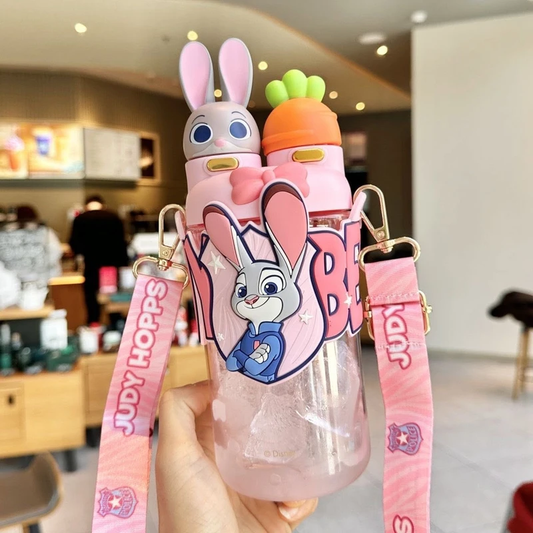 Judy Hopps bottle with a 3D Judy topper, carrot cap, and a matching pink carrying strap