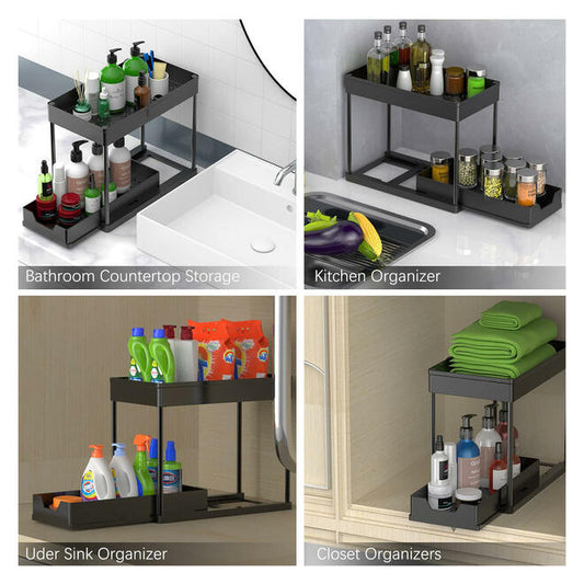2-Tier Under Pull Out Sink Organizer with Hooks & Cups